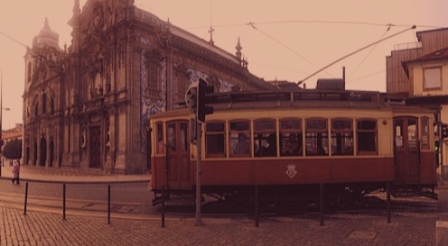 Church and Tram at Porto, Portugal